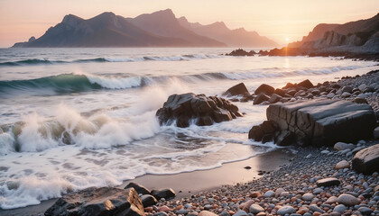 Rocky beach with crashing waves at sunset. 
