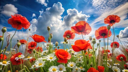 Obraz premium Double Exposure Photography of Red Poppies and Chamomile Against a Blue Sky with Clouds - Nature, Flowers, and Scenic Beauty