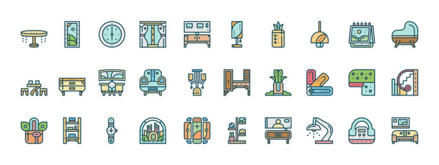 Diverse Collection of Interior Design Icons Representing Furniture and Home Decor Elements in Various Styles and Colors