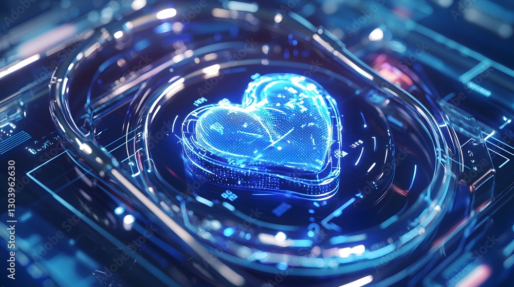 Poster a creative representation of a heart embedded within a futuristic computer interface with neon light