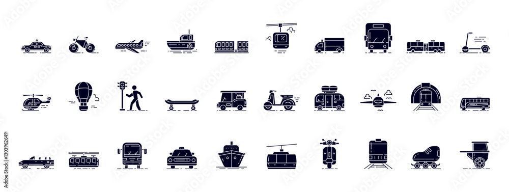 Poster diverse public transportation icons representing various modes of urban mobility and commuting optio