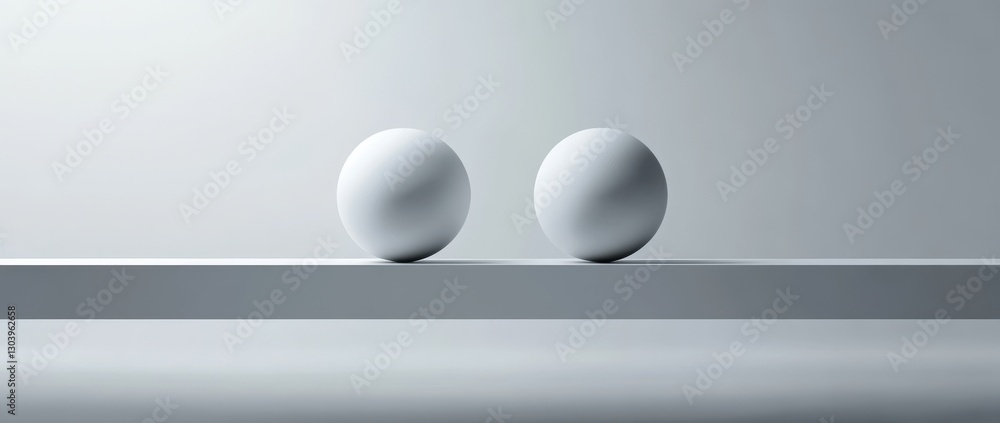 Poster balance between two white spheres on a minimalistic shelf set against a gray background in a 3d rend