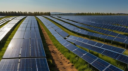 Solar farm under a clear blue sky with wispy clouds.