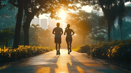 Morning Run: A silhouetted couple enjoys a morning run through a lush park pathway, sun beaming, capturing the energy, and vitality of their fitness routine. 