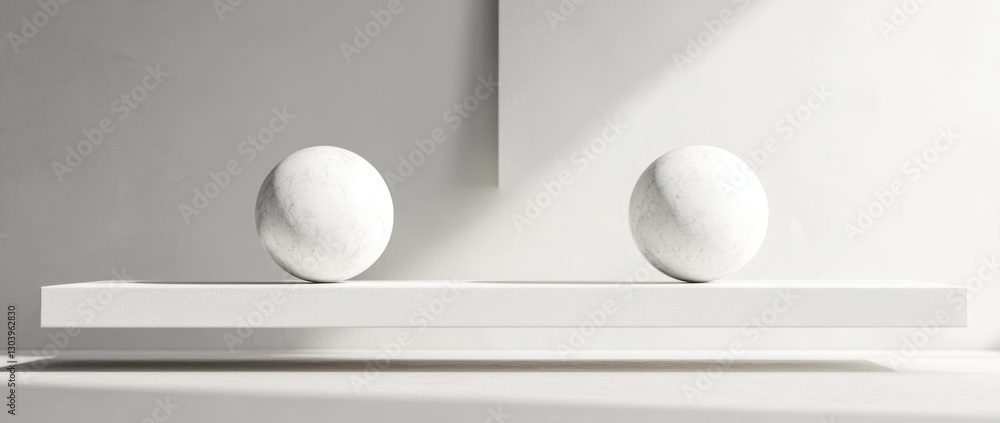 Poster balance between two white spheres on a minimalistic shelf set against a gray background in a 3d rend