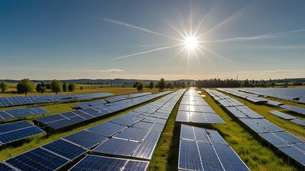 Solar farm under a clear blue sky with wispy clouds.