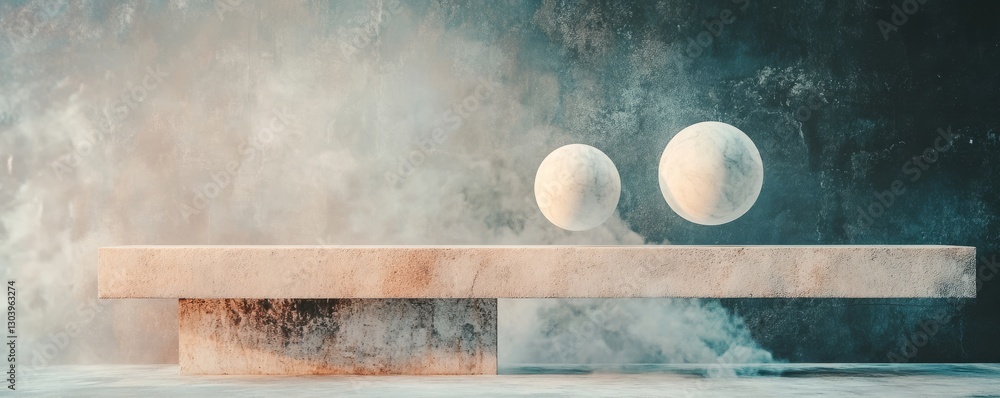 Poster balance between two white spheres on a minimalistic shelf set against a gray background in a 3d rend
