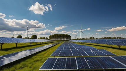 Solar farm under a clear blue sky with wispy clouds.