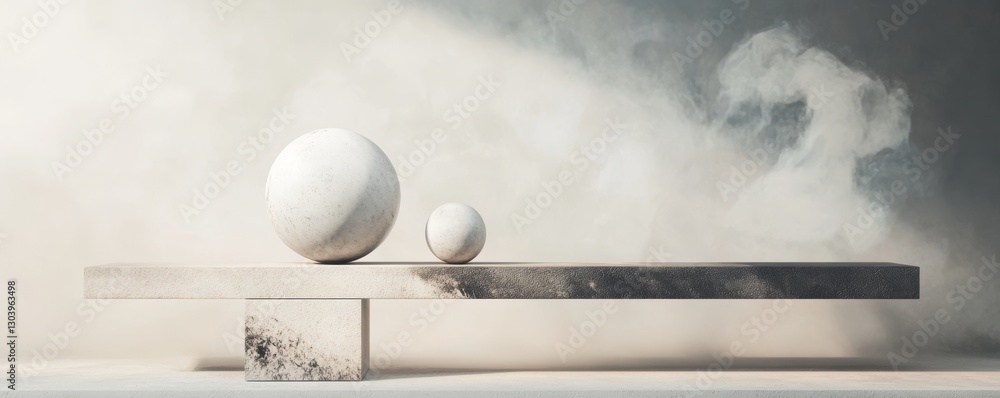 Poster balance between two white spheres on a minimalistic shelf set against a gray background in a 3d rend