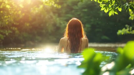 Woman with long red hair bathing in a serene river