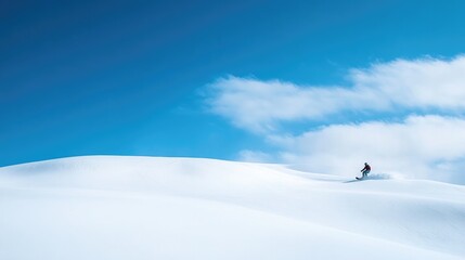 Fototapeta premium snow-dusted mountaintop with lone snowboarder riding down surrounded by vast expanse of white snow with clear blue
