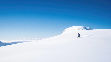 snow-dusted mountaintop with lone snowboarder riding down surrounded by vast expanse of white snow with clear blue