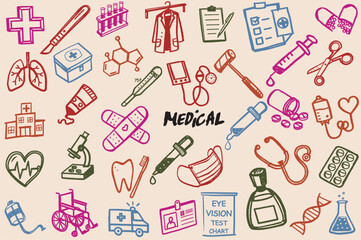 Medical illustrations featuring healthcare symbols and tools