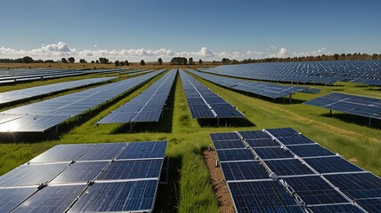 Solar farm under a clear blue sky with wispy clouds.