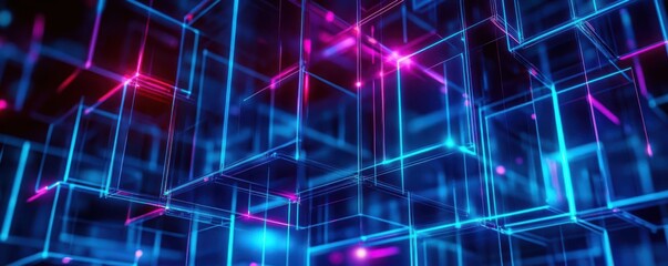 Obraz premium Abstract architectural structure made of floating glass panels, illuminated with neon blue and purple cybernetic lights