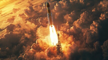 A photorealistic depiction of a rocket launching into space, leaving a massive plume of smoke and fire
