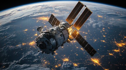 Fototapeta premium A photorealistic view of the International Space Station orbiting above Earth's illuminated cities