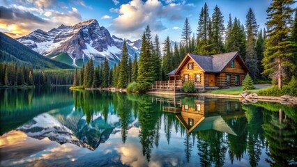 Enchanting Log Cabin by a Mountain Lake Surrounded by Evergreens and Snow-Capped Peaks