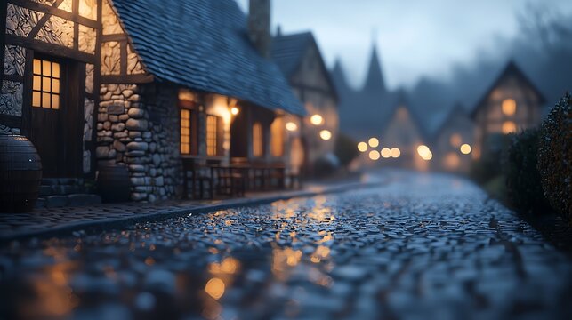 A picturesque evening scene of cobblestone streets lined with charming buildings illuminated by warm lights.