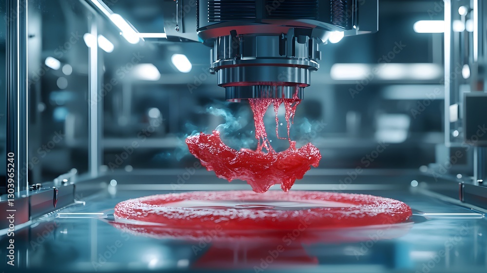Poster pouring vivid red liquid into a metal object displaying the mixing of materials in an artistic and c