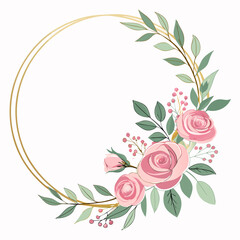 A delicate, elegant floral with a thin gold circular frame.  soft pink roses, small blossoms, and lush green leaves arranged symmetrically on both sides of the frame. The watercolour-style flowers 