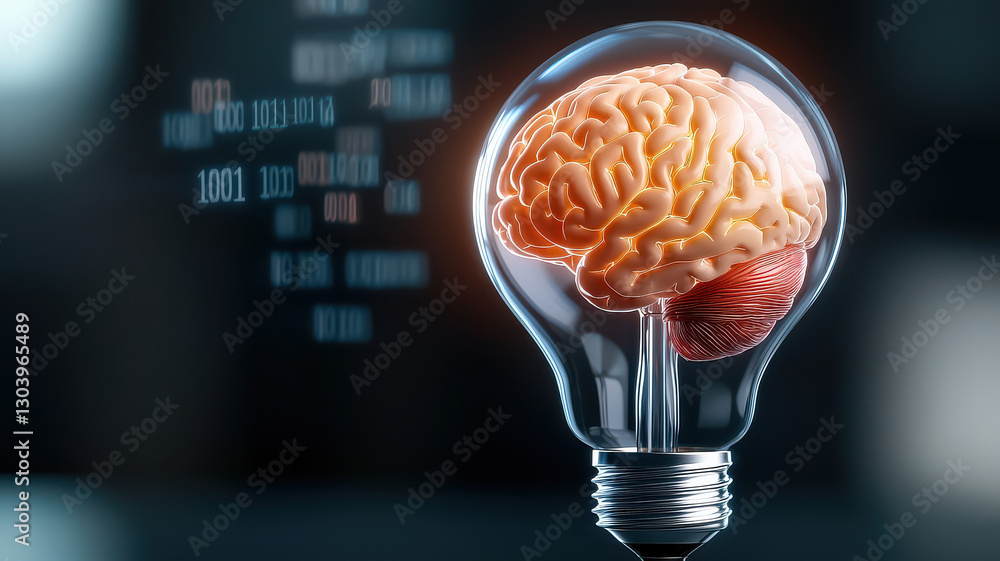 Poster 3D rendered glowing light bulb with human brain inside symbolizes innovation and intelligence. digital binary code in background enhances concept of technology and creativity