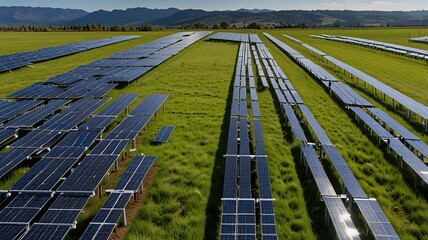 Solar farm under a clear blue sky with wispy clouds.