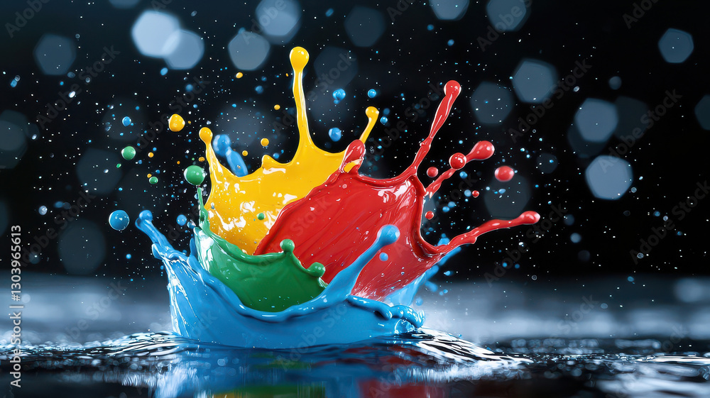 Poster vibrant explosion of colorful liquid splashes dynamically against dark background, creating stunning