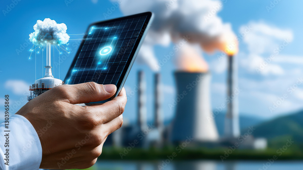 Poster person holds tablet displaying digital interface in front of industrial energy facility with cooling towers emitting steam, symbolizing technological integration in energy management