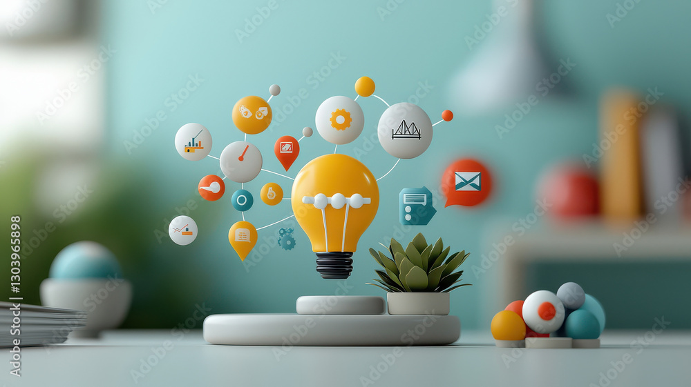 Poster dynamic 3D business infographic with floating numbered icons and lightbulb symbolizes innovation and creativity in modern office setting