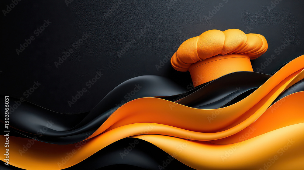 Poster vibrant digital artwork featuring bold orange chef hat against dynamic background of flowing black a