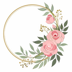 A delicate, elegant floral with a thin gold circular frame.  soft pink roses, small blossoms, and lush green leaves arranged symmetrically on both sides of the frame. The watercolour-style flowers 