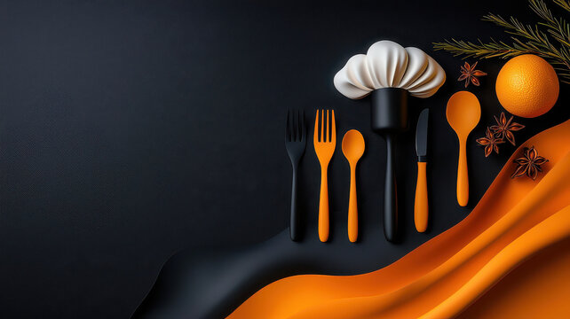 stylish arrangement of black and orange cutlery with chef hat, orange, and spices on dark background, creating modern culinary theme