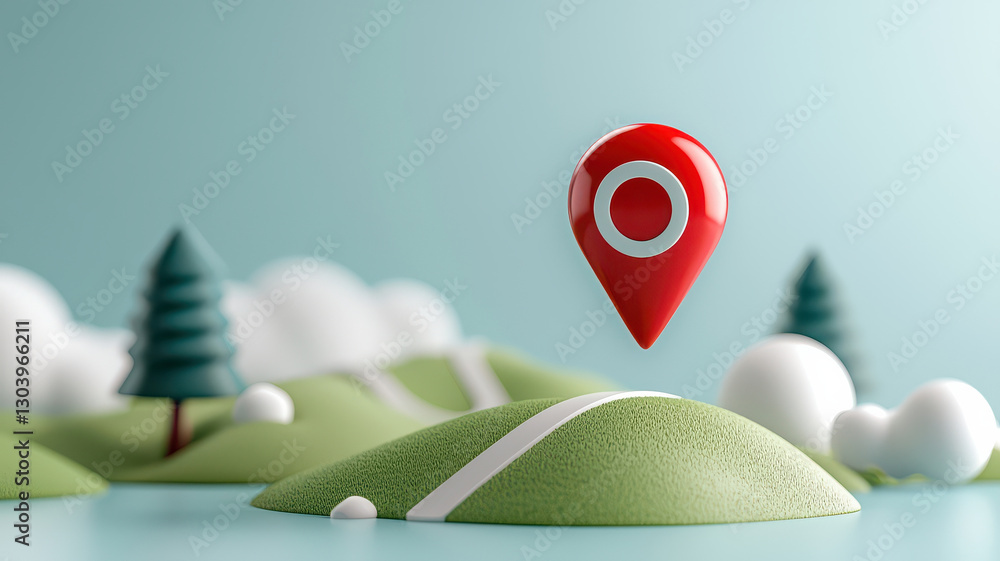 Fototapete minimalist 3d illustration of navigation map with red location pin hovering over stylized green hill