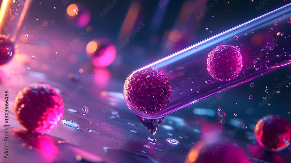 Poster colorful liquid filled with pink spheres floating in a clear medium creating an eye-catching abstrac