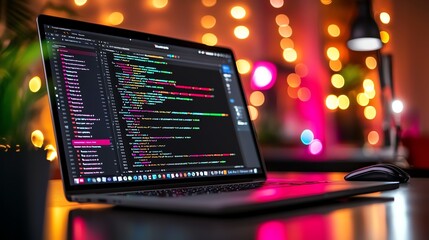 A modern laptop displays vibrant code against a backdrop of colorful lights, highlighting the world of programming.