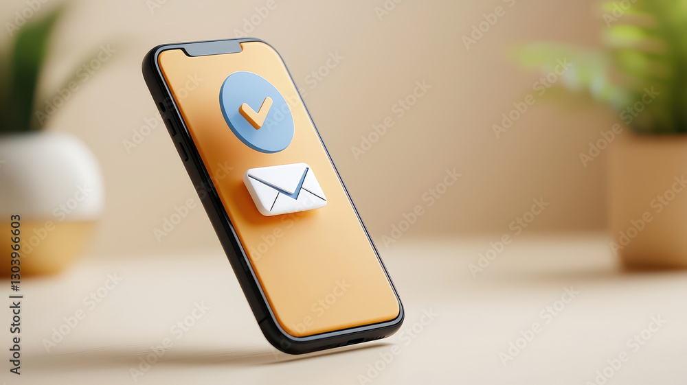 Poster minimalistic 3D smartphone with notification bubble and email icon on wooden surface
