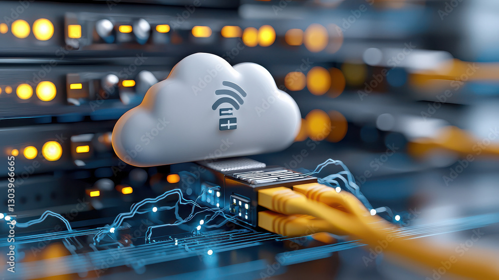 Poster modern abstract 3D render of cloud networking depicting cloud icon connected to servers with glowing cables, symbolizing data transfer and digital communication