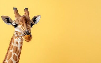 Close-up giraffe portrait on yellow background