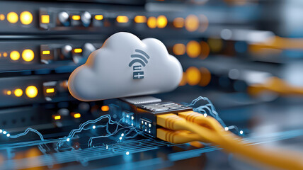 modern abstract 3D render of cloud networking depicting cloud icon connected to servers with glowing cables, symbolizing data transfer and digital communication
