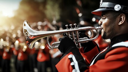 Obraz premium A musician performing passionately with a trumpet during a lively parade, surrounded by a vibrant marching band.