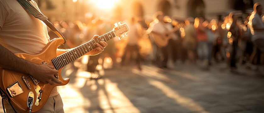 A musician plays guitar during a vibrant outdoor gathering as the sun sets, creating a warm and lively atmosphere.