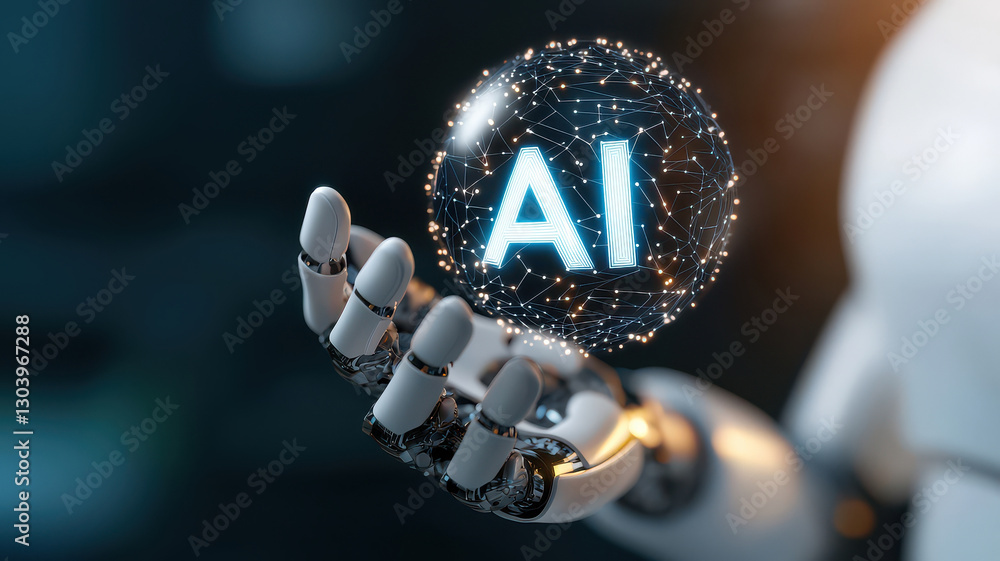 Aufkleber robotic hand holds glowing sphere with letters AI, symbolizing advanced artificial intelligence technology and innovation. futuristic design highlights integration of AI in modern technology