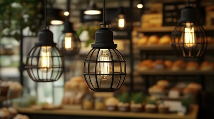 "Coffee Shop Interior Design Featuring Hanging Lights and Decorations"