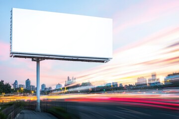 blank white billboard stands tall amidst bustling urban landscape waiting for brand designs offering ample copy space
