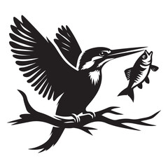 Kingfisher Bird Silhouette Holding Fish Wildlife Nature Illustration Art