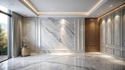 Light Grey Marble Wall and White Wood Floor Interior for Presentation and Design Inspiration
