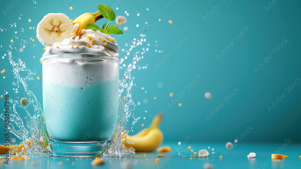Poster refreshing banana smoothie with creamy texture, topped with banana slices and mint, splashing agains