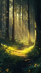 A serene forest path illuminated by soft golden light.
