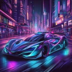 Fototapeta premium A futuristic car parked in a neon lit city at night
